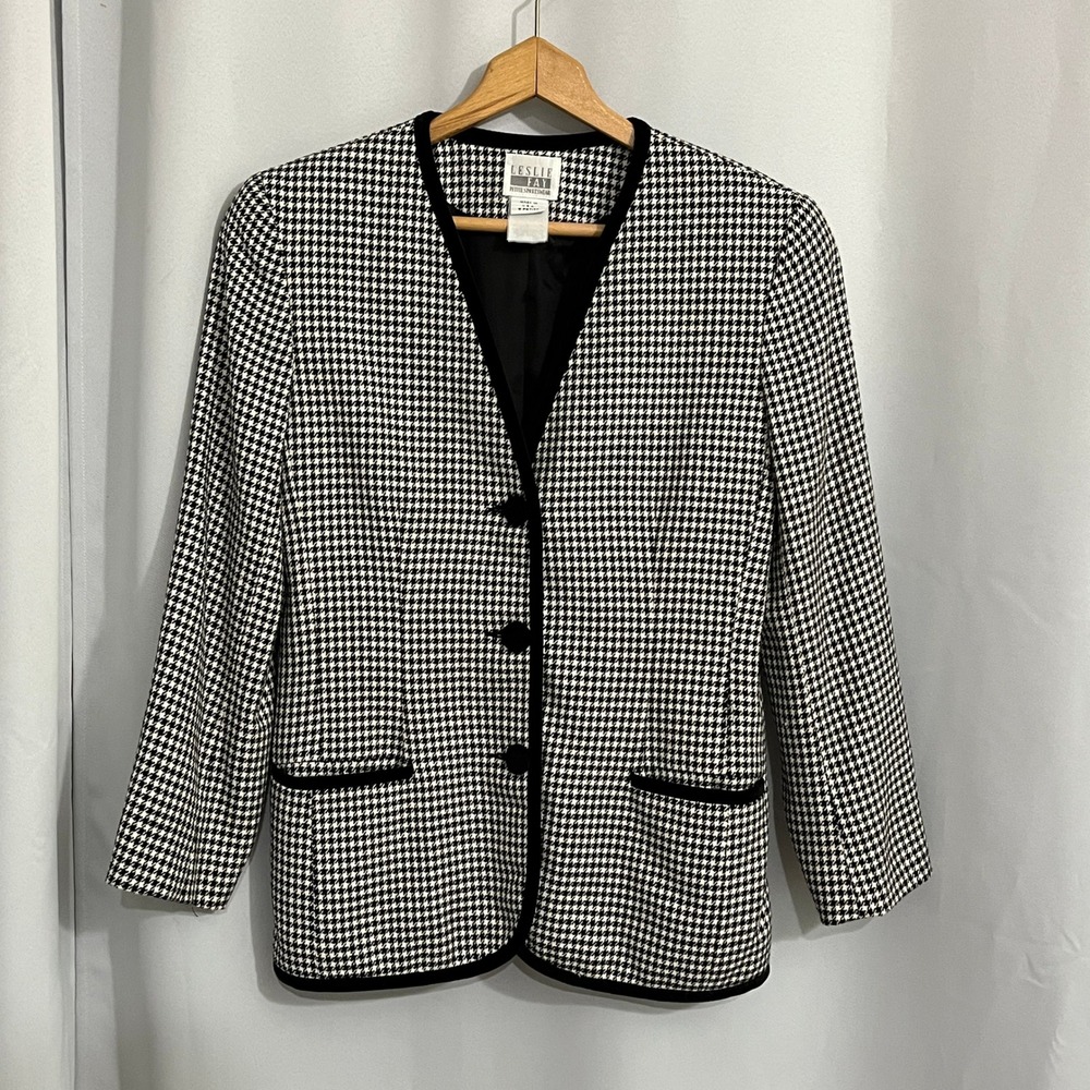 Leslie Fay Blazer‎ Womens 8P Black White Houndstooth 90s Vintage Office Tailored - Picture 2 of 16